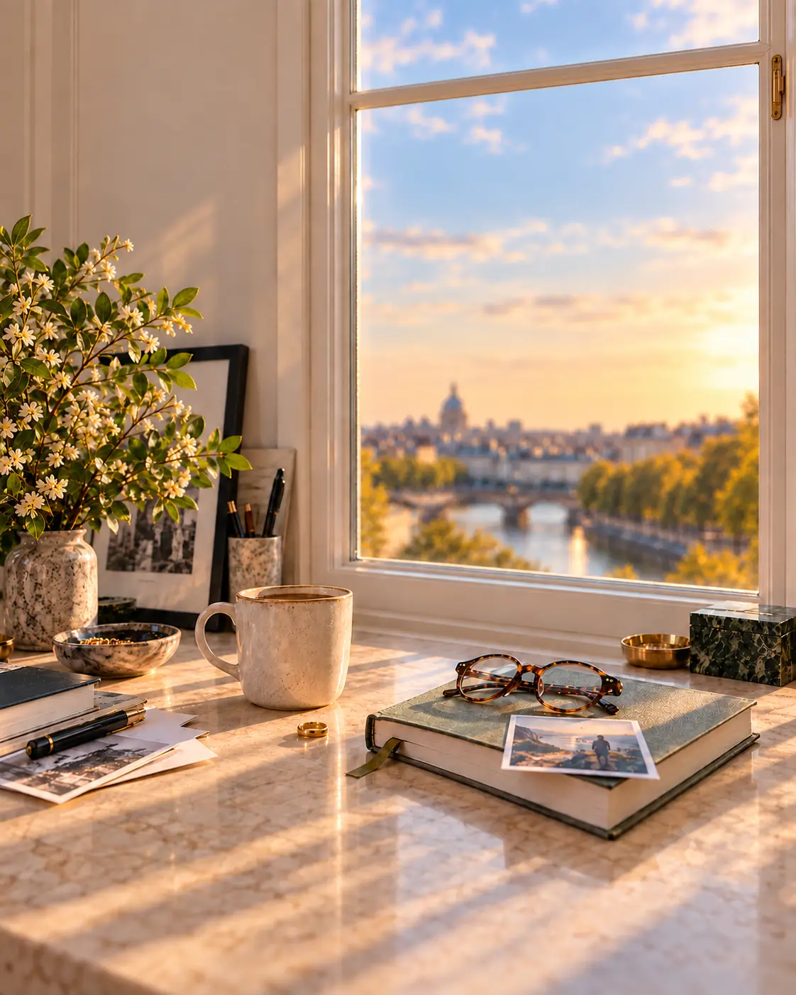 Personal objects on a sunlit desk, illustrating how objects and identity are connected.
